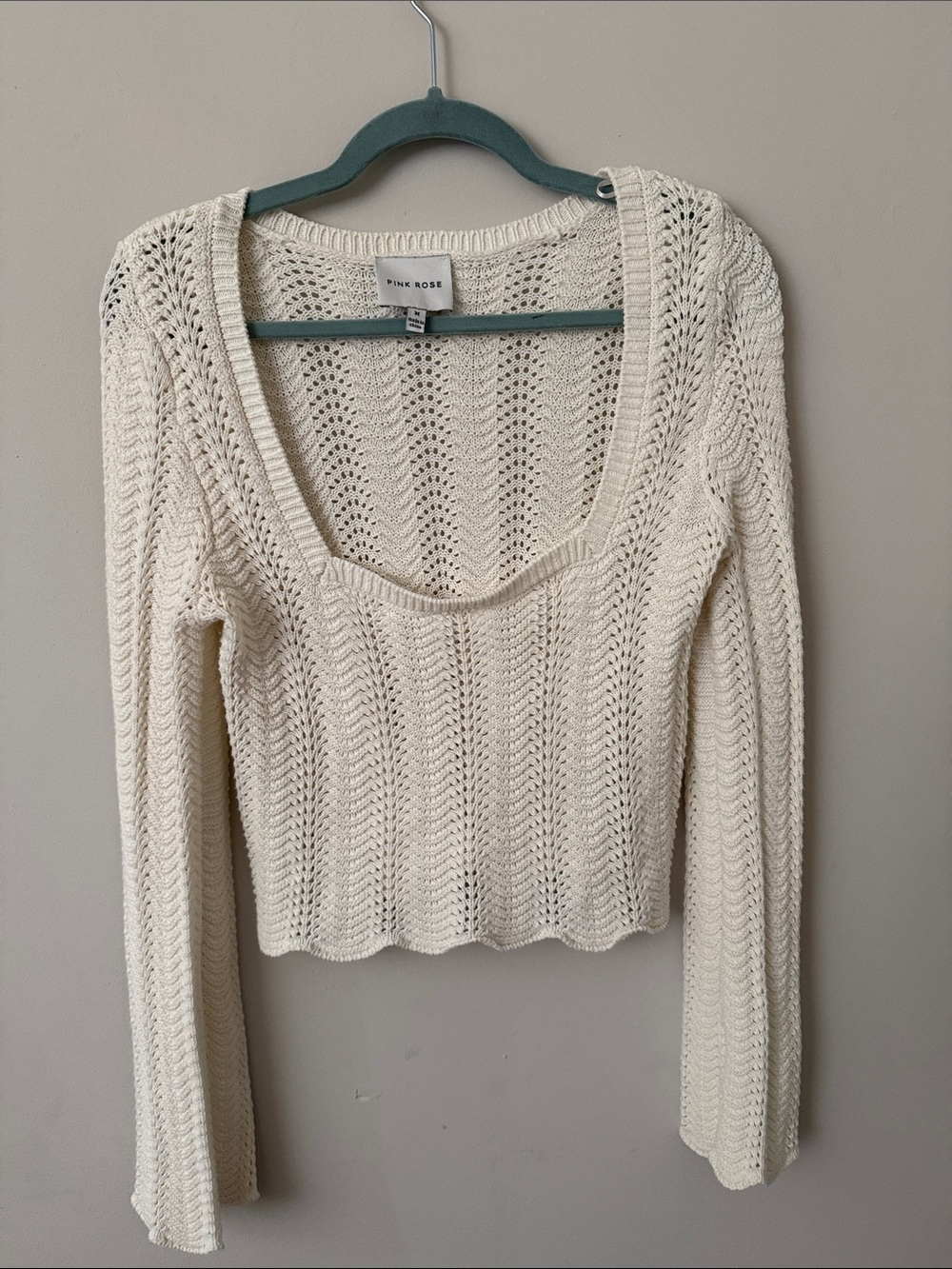 Pink Rose Cream Open-Weave V-Neck Sweater